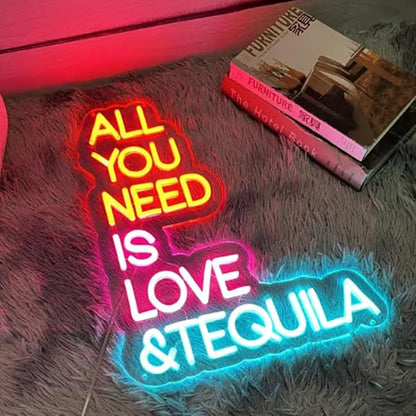 All You Need Is Love & Tequila Neon Sign, Custom Bar Neon Light Home Bar Cocktail Wall Decor Quote Tequila Alcohol Sign USB Size:14x10inch