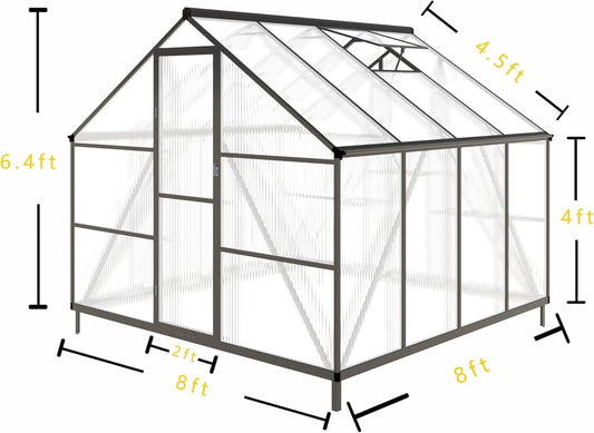 8x8 FT Greenhouse for Outdoors, Polycarbonate Greenhouse with Quick Setup Structure and Roof Vent, Aluminum Large Walk-in Green House for Outside Garden Backyard, Dark Gray