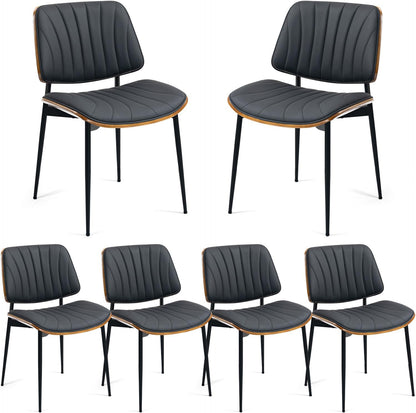 AVAWING Walnut Dining Chairs Set of 6, Mid Century Modern Dining Chairs PU Leather Upholstered Kitchen Chairs with Walnut Bentwood Back & Metal Legs for Dining Room, Kitchen, Living Room, Black