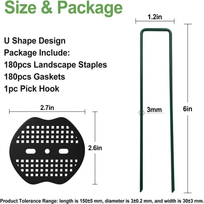 FOTMISHU Landscape Staples 6Inch 180pcs Garden Stakes + 180pcs Gasket, Lawn Pins with Spray Coating Craft,11Gauge Anti-Rust Ground Yard Spikes Anchoring for Outdoor Tents Irrigation Hoses (Green)