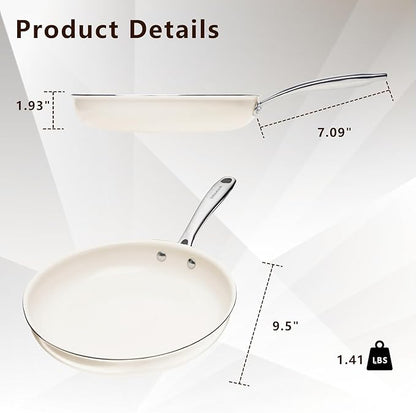 9.5" Ceramic Nonstick Frying Pan, Skillet, Cooking Pan Non Toxic with Stay Cool Handle for Induction, PTFE & PFAS & PFOA Free, Dishwasher/Oven Safe, White