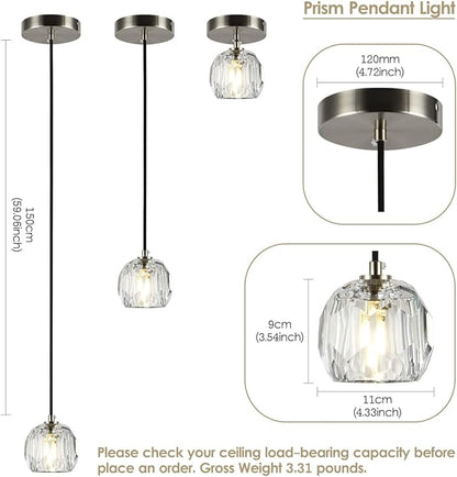 Brushed Nickel Pendant Light, Small Island Pendant Light Fixture for Kitchen, Modern Prism Crystal Single Pendant Hanging Light for Dining Room Bar