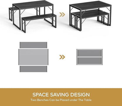 Gizoon 45.5" Dining Table Set for 4 with 2 Benches, Kitchen Table Set with Metal Frame & MDF Board, Space-Saving Dinette for Kitchen, Dining Room -Black
