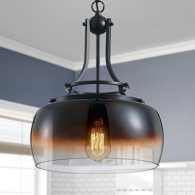 WUZUPS Chandelier Rustic Farmhouse Industrial Round Ceiling Pendant LED Light Fixture with Amber Gradient Black Glass Shades for Dining Room Kitchen Island Foyer Entryway, H 17" x W 13.4", E26 Base