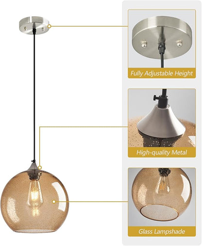 Light Brown Glass Pendant Lights Kitchen Island Globe Pendant Light Fixtures Modern Pendant Lighting for Bedroom Living Dining Room Light Fixture (9.84 in, 1 Pack)