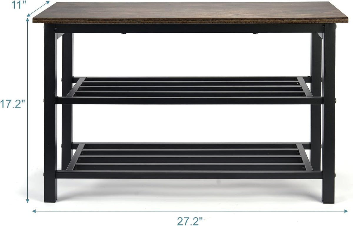 Shoe Bench, 3-Tier Shoe Rack, Industrial Shoe Organizer Storage Bench, 27.2'' Bench with Metal Shelves, for Entryway, Living Room, Hallway, Easy Assembly, 300lb Capacity - Rustic Brown