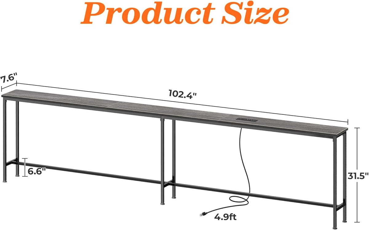 SUPERJARE 102.4 Inch Sofa Table with Power Outlets and USB-C Port, 5.9 Inch Narrow Console Tables, Entryway Hallway Couch Tables with Storage, Behind Sofa, Small Spaces, Living Room, Grey