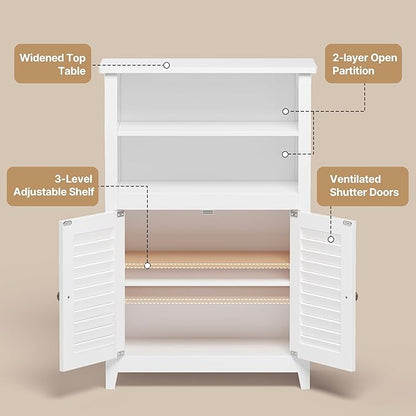 Gizoon Bathroom Floor Cabinet with Widened Top Table, Freestanding Storage Cabinet with Adjustable Shelf, 2 Shutter Doors and Concealed Hinges, for Living Room, Entryway, Kitchen, White