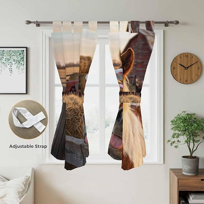 Farm Horses Bathroom Curtains 63 Inch Length, Window Curtains Tab Top, Farmhouse Barn Funny Animals Butterfly Light Filtering Window Treatments Drapes 52"x63" 2 Panel
