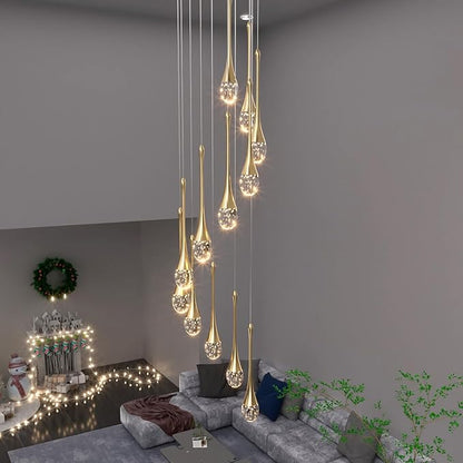 12-Lights Staircase Chandelier Gold Pendant Light Fixture for Sloped High Ceiling Raindrop Chandelier for Living Room Foyer Hallway Villa