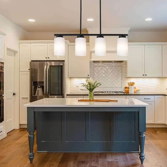 Farmhouse Dining Room Pendant Light Fixtures in Black Finish, 4-Lights Island Lighting with Opal White Glass Shades for Kitchen