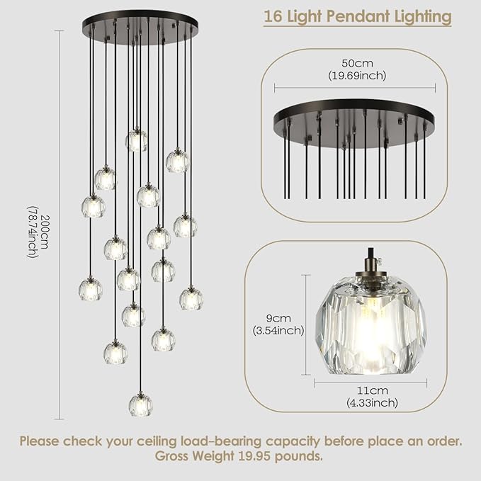 High Ceiling Foyer Chandelier, Brushed Black 16 Lights Crystal Staircase Chandelier, Modern Cut Pendant Raindrop Cluster Lighting Fixture for Entryway Living Room