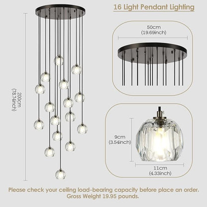 High Ceiling Foyer Chandelier, Brushed Black 16 Lights Crystal Staircase Chandelier, Modern Cut Pendant Raindrop Cluster Lighting Fixture for Entryway Living Room