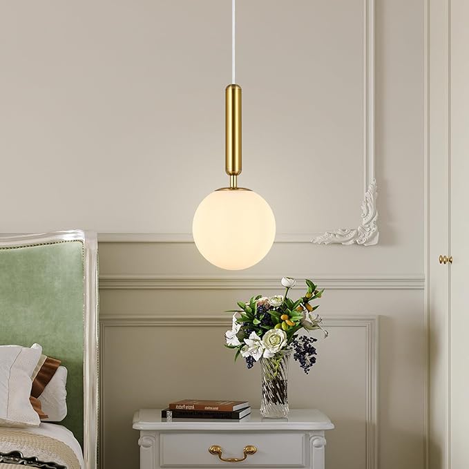 Modern Hanging Light Fixture Pendant Lighting for Kitchen Island Mid Century Gold Pendant Lights with Globe Milky White Glass Pendant Light for Bedroom Bathroom Entryway (2 Pack)