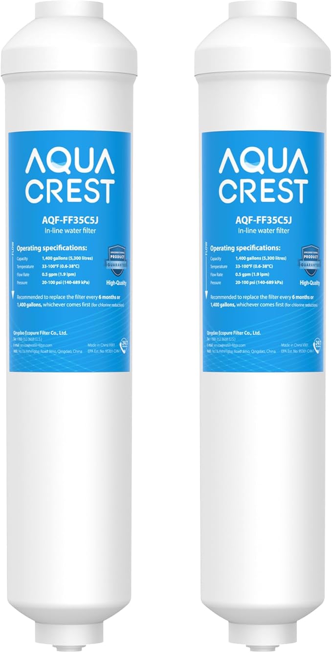 AQUA CREST FF35 Inline Water Filter Replacement, 1/4" Quick-Connect Replacement for Refrigerator, Post-Carbon Filter for Reverse Osmosis Systems, NSF/ANSI 42 Certified, 6-12 Months(NO Fittings)