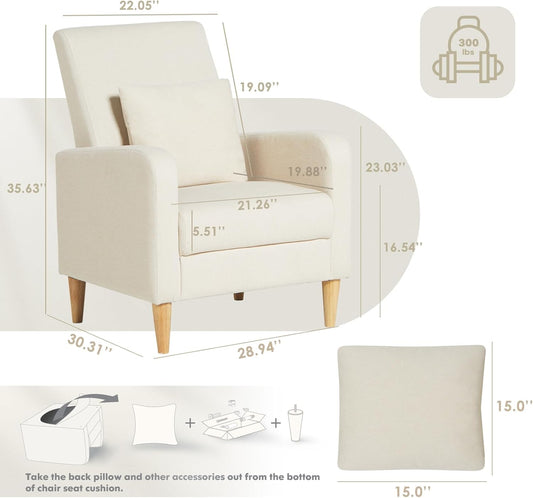 COLAMY Mid-Century Modern Accent Chair, Fabric Upholstered Living Room Chair with Back Pillow & Solid Wood Legs, Comfy Armchair for Living Room, Bedroom, Single Sofa, Beige