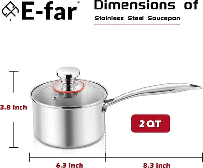 E-far 2-Quart Saucepan, Tri-Ply Stainless Steel Sauce Pan with Glass Lid, Small Cooking Induction Pot Compatible with All Cooktops, Non Toxic, Oven & Dishwasher Safe