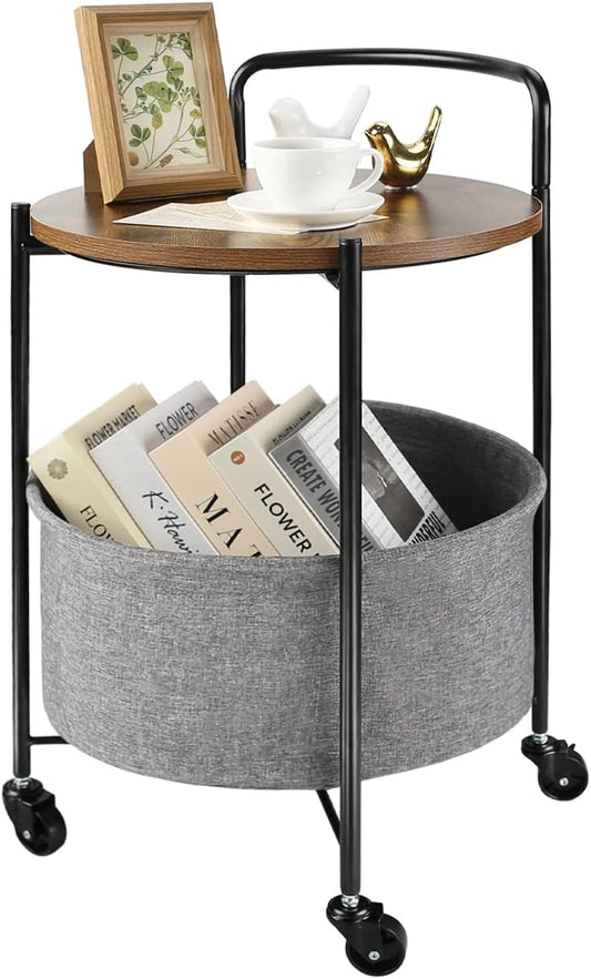 Rolling Round Metal Side Table,2-Tier Storage Side Table with Wheels,End Coffee Table with Steel Frame and Fabric Storage Basket,Cart Side Table Tray for Living Room,Bedroom,Wood Black