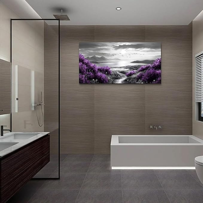 Canvas Wall Decor for Bedroom Large Wall Art for Living Room Modern Office Wall Decoration Purple Flowers Landscape Paintings Black and White Scenery Pictures Artwork Aesthetic Home Decor