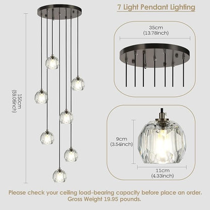 7 Lights Cluster Pendant Light, Brushed Black Modern Crystal Entryway Chandelier, High Ceiling Foyer Pendant Hanging Light Fixture for Staircase Dining Room