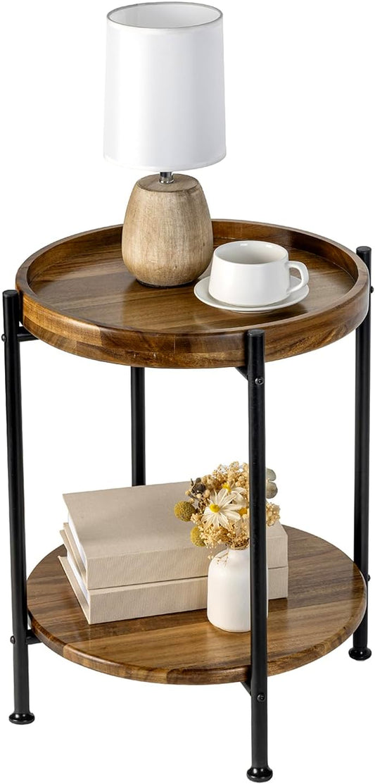 MyGift 2 Tier Round End Table with Premium Acacia Solid Wood Shelf and Black Metal Frame, 22 Inch Tall Side Table Modern Home Living Room or Bedroom Furniture