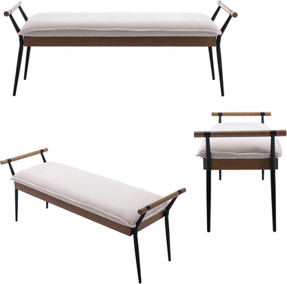 DUOMAY Modern Rectangle Ottoman Bench with Arms and Metal Legs, Mid Century Chenille Fabric Dining Table Bench Footstool Entryway Shoe Bench for Dining Room Bedroom Living Room, White