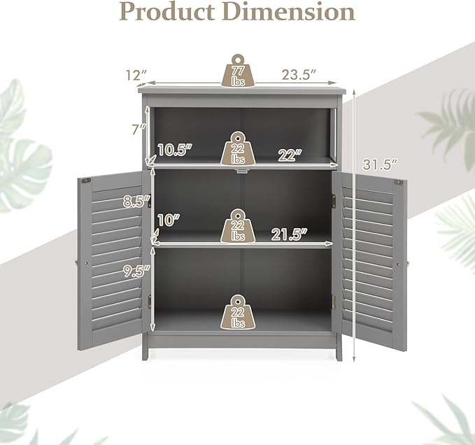 COSTWAY Bathroom Storage Cabinet, Wooden Side Storage Organizer with Louver Doors & Removable Shelf, Freestanding Floor Cabinet for Living Room, Kitchen, Entryway (Grey)
