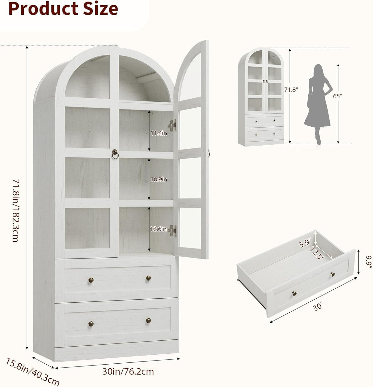 72" Tall Arched Kitchen Pantry Cabinet,Wood Arched Bookshelf with 2 Doors, 2 Drawers, Adjustable Shelves,Versatile Sideboard Buffet for Dining & Living Room,White
