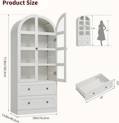 72" Tall Arched Kitchen Pantry Cabinet,Wood Arched Bookshelf with 2 Doors, 2 Drawers, Adjustable Shelves,Versatile Sideboard Buffet for Dining & Living Room,White