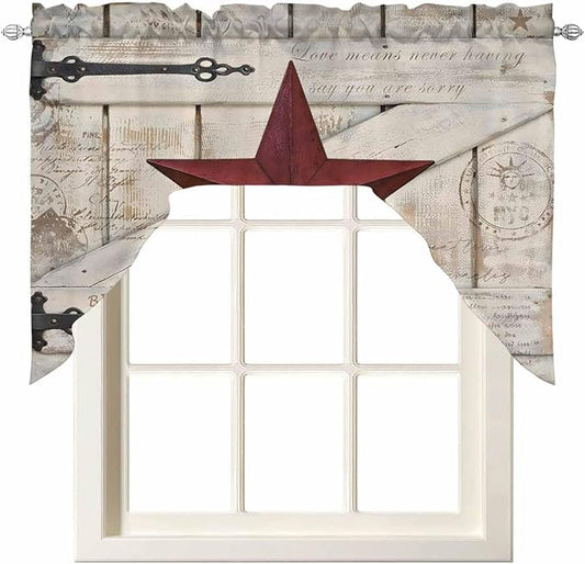 Village Stars Swag Kitchen Curtains Valance and Tier Set, Vintage Dark Red Star Beige Barn Doors Light-Filtering Swag Valance, Rod Pocket Short Curtain for Bedroom Cafe, 56x36 inches