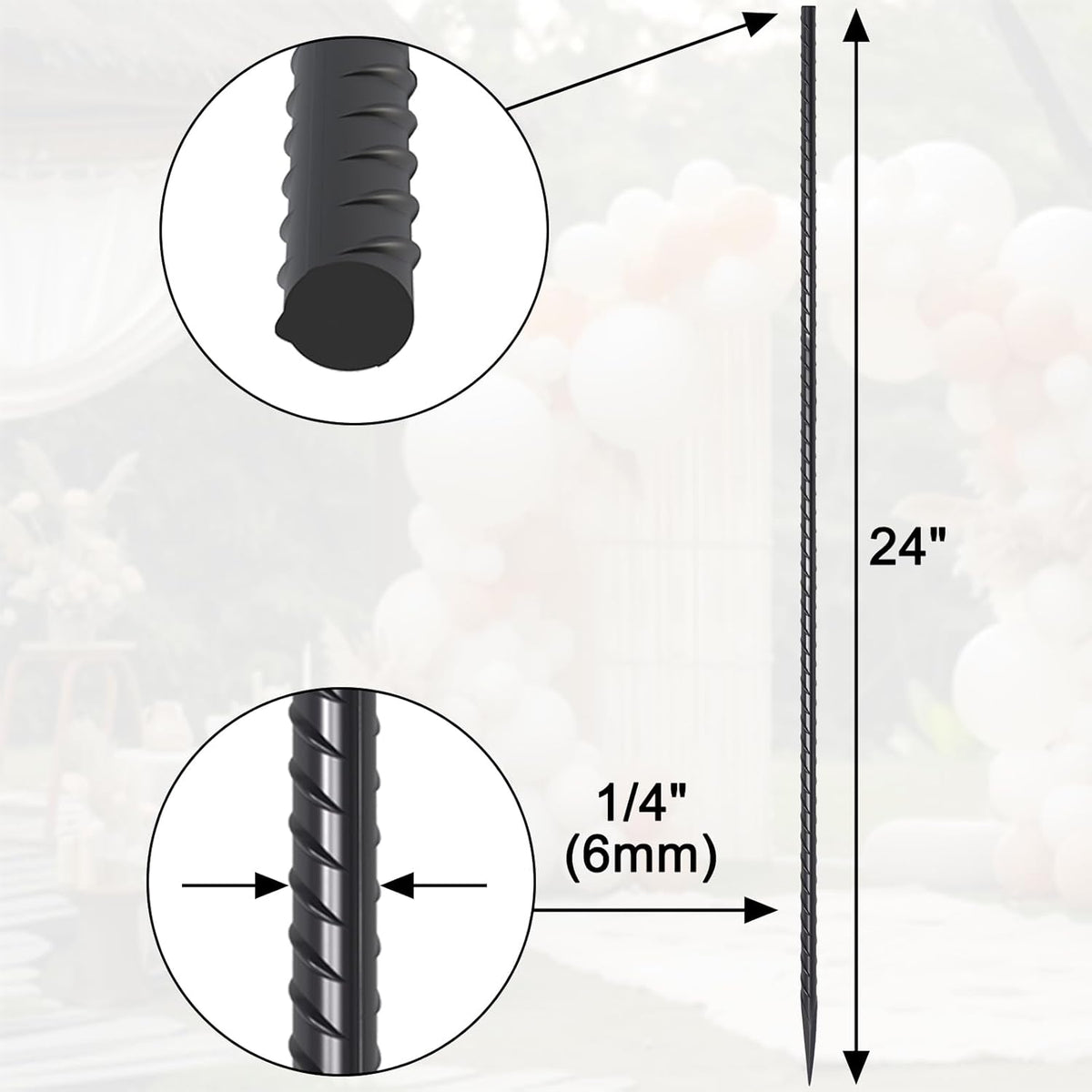 Rebar Stakes 24 Inch 40 Pack Straight Ground Stakes 1/4 Inch Diameter Heavy Duty Metal Spikes with Chisel Point End for Landscape Timber, Cement and Concrete Form, Black