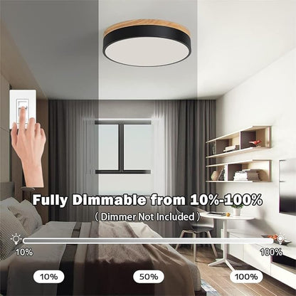 Dimmable Modern Wood Ceiling Light, Black LED 5CCT 2700K-6000K Flush Mount Ceiling Lighting Fixture, Round Light Fixtures for Kitchen Entryway Hallway Bedroom Laundry Room-11.8in
