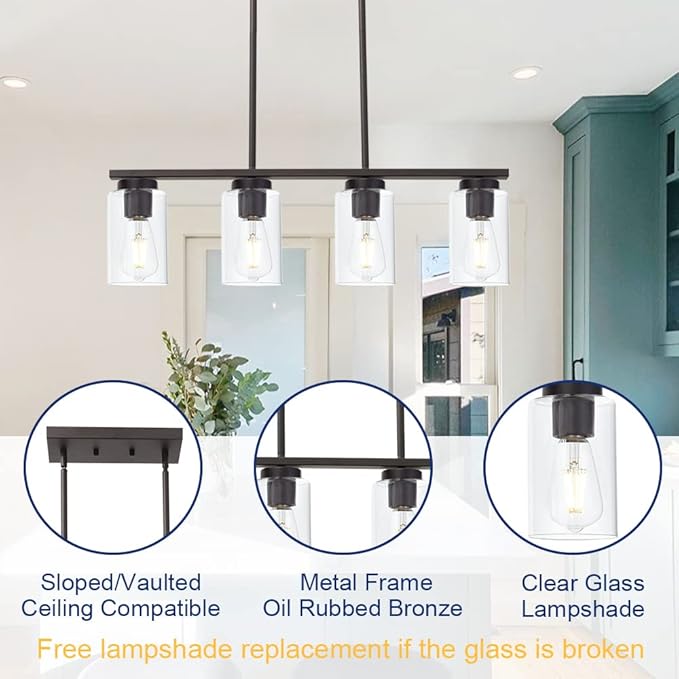 Farmhouse Dining Room Chandelier 4-Lights Kitchen Island Light, Clear Glass Pendant Lighting Fixtures in Oil Rubbed Bronze