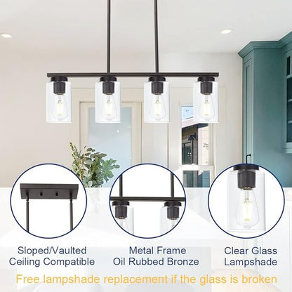Farmhouse Dining Room Chandelier 4-Lights Kitchen Island Light, Clear Glass Pendant Lighting Fixtures in Oil Rubbed Bronze