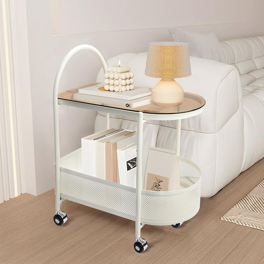 2 Tier Rolling Side Table, Metal Coffee Sofa Side End Table,Handle Utility Cart, Bed Side Table with Wheels Night Stand, Serving Cart,Drink Cart, for Living Room, Bedroom, Bathroom,White