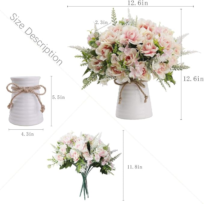 LESING Artificial Flowers with Vase for Table Centerpieces,Fake Silk Gardenia Flower in Vase Decoration for Home Office Party (Pink)