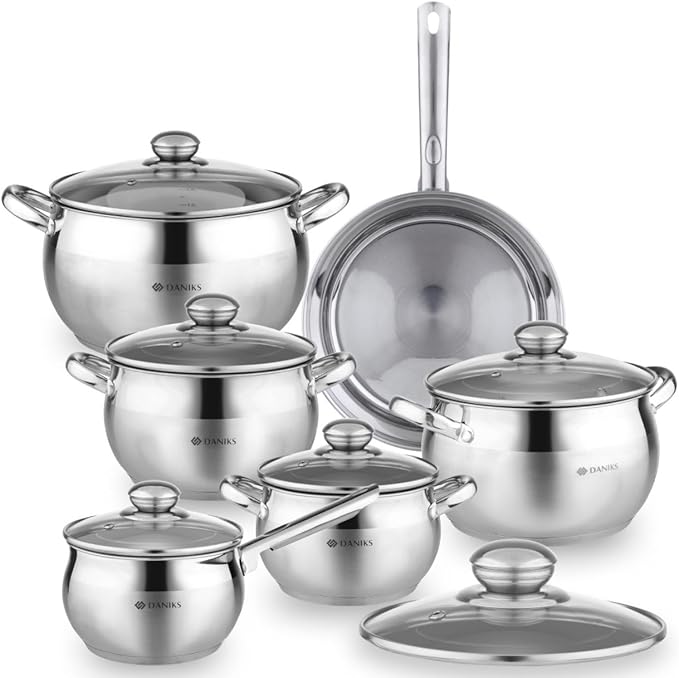 Daniks Classic Frying Pan Included, 12-Piece Stainless Steel Induction Cookware Set – Dishwasher Safe Pots and Saucepan with Lids, Measuring Scale, Silver