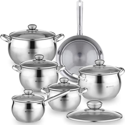 Daniks Classic Frying Pan Included, 12-Piece Stainless Steel Induction Cookware Set – Dishwasher Safe Pots and Saucepan with Lids, Measuring Scale, Silver