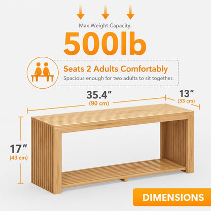 Bamboo Bench with Shelf, 35-in Entryway Bench Seat for Indoor, Natural | shoe bench for entryway, hallway, doorway, modern benches for end of bed bench, low bench for window