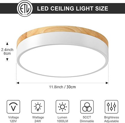 Dimmable Wood LED Ceiling Light Fixture, White Round Low Profile Flush Mount Lighting, Modern 5CCT 2700K-6000K Ceiling Lamp for Laundry Room Hallway Kitchen Bedroom, 11.8in