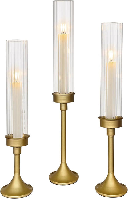 Gold Hurricane Candle Holders - Brass Candlestick Holders Set of 3 Tall Taper Candlesticks Fluted Glass Candle Stick Holder Decor for Wedding Party Christmas Mantel Dining Table Centerpieces