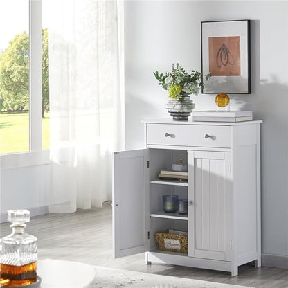 Yaheetech Set of 2 Bathroom Storage Cabinet with 1 Drawer and 2 Doors, Freestanding Entryway Storage Unit with Adjustable Shelf, Home Organizer for Entryway, Living Room, White