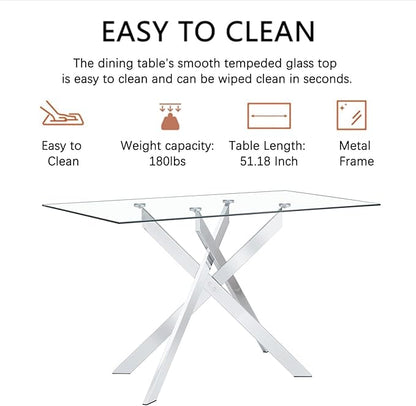 51" Rectangular Glass Dining Table Modern Kitchen Glass Top Table for 4 with Silver Metal Legs, Clear Dining Table Kitchen Table for Home Office Dining Room