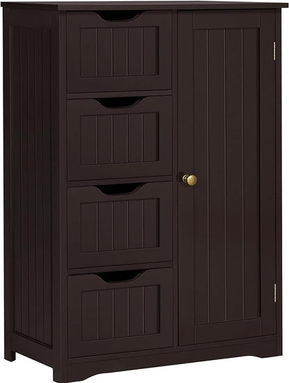Yaheetech Large Bathroom Floor Cabinet with 4 Drawers and Single Door Cabinet, Freestanding Storage Cabinet for Living Room Kitchen Hallway, Espresso