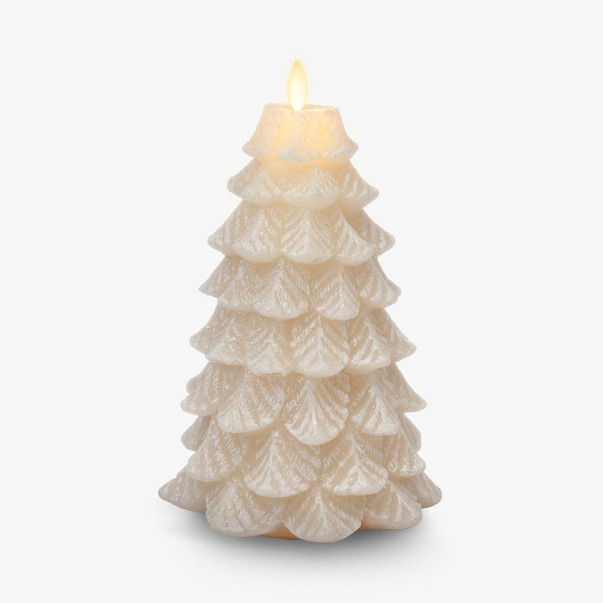 Luminara Christmas Tree Flameless LED Candle, White Swan 5.35" x 8.5", Moving Flame Battery Operated Timer, Holiday Decor, Glitter Snow Finish Safe