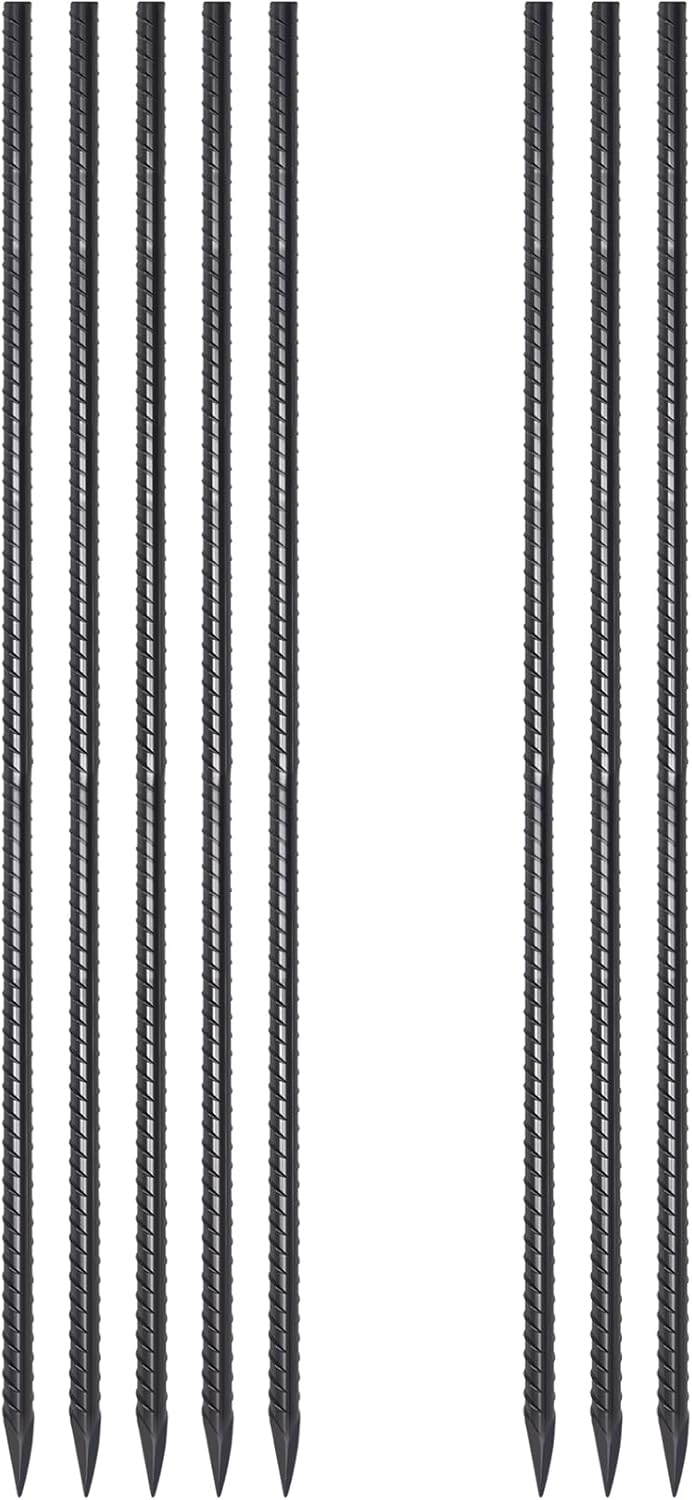 Steel Rebar Stakes 48 lnch 8 Pack Ground Stakes Heavy Duty 1/2 Inch Diameter Landscpe Timber Spikes Straight Metal Stakes with Chisel Point for Garden Camping Plant Support, Black