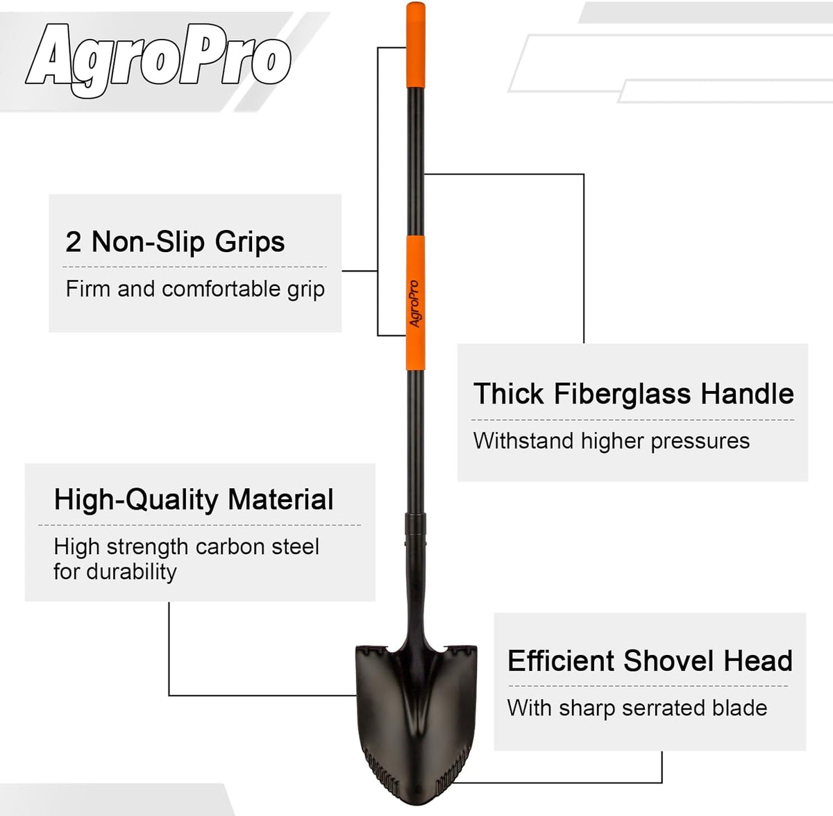 Shovel for Digging, Metal Shovel with Long Fiberglass Handle, Heavy Duty Shovel for Digging, 58 Inches