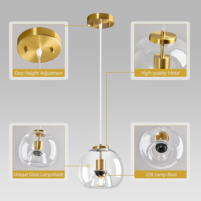 Clear Glass Pendant Light Fixture Kitchen Island Gold Hanging Light Globe Modern Pendant Lighting for Kitchen, Bedroom & Dining Room (7.87", 1 Pack)
