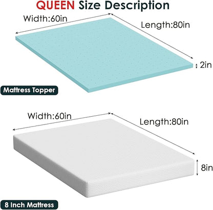 FDW | 8" Queen Mattress + 2" Cooling Mattress Topper | Gel Memory Foam | Medium Firm Feel | White | with Washable Cover for Cool Sleep and Pressure Relief | Bed in a Box, CertiPUR-US Certified