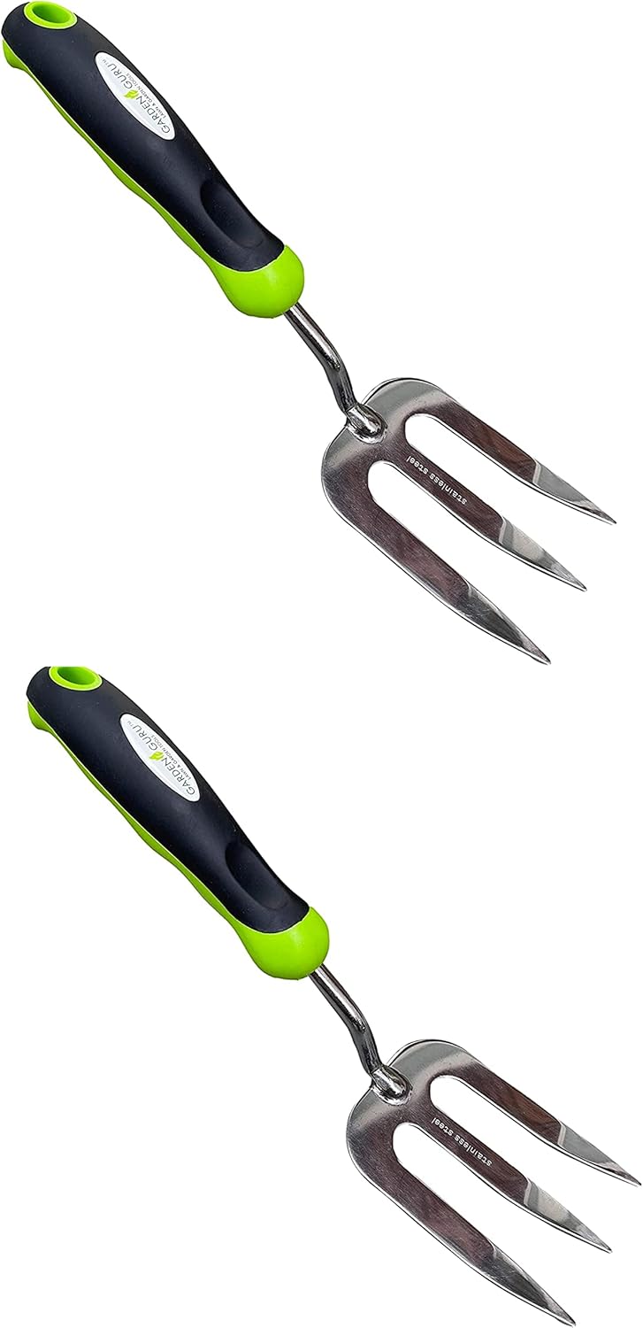 Garden Guru Stainless Steel Hand Weeder Fork Tool – Rust Resistant Stainless Steel – Ergonomic Handle – Great for Planting, Spreading Mulch, Weeding, Loosening & Transplanting Soil (2 Pack)
